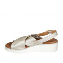 Woman's sandal in platinum laminated printed leather wedge heel 4 - Available sizes:  32, 42, 43, 44, 45