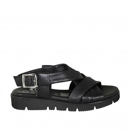 Woman's sandal with crossed bands in black leather wedge heel 3 - Available sizes:  32, 42