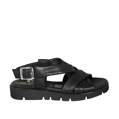 Sandalo da donna con fasce incrociate in pelle nera zeppa 3 - Misure disponibili: 32, 42