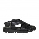 Woman's sandal with crossed bands in black leather wedge heel 3 - Available sizes:  32, 33, 34, 42, 43, 44, 45