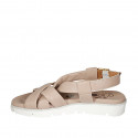 Woman's sandal in light rose leather with crossed bands wedge heel 3 - Available sizes:  32, 33, 42, 43, 44, 45