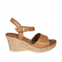 Woman's sandal with strap and platform in cognac brown leather wedge heel 7 - Available sizes:  42, 43, 44, 45