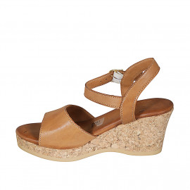 Woman's sandal with strap and platform in cognac brown leather wedge heel 7 - Available sizes:  42 2