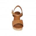 Woman's sandal with strap and platform in cognac brown leather wedge heel 7 - Available sizes:  42, 43, 44