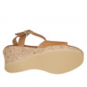 Woman's sandal with strap and platform in cognac brown leather wedge heel 7 - Available sizes:  42, 43, 44, 45