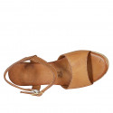 Woman's sandal with strap and platform in cognac brown leather wedge heel 7 - Available sizes:  42, 43, 44