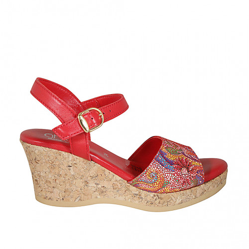 Woman's strap sandal in red multicolored mosaic printed leather with platform and wedge heel 7 - Available sizes:  33, 42, 43, 44