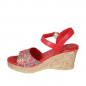 Woman's strap sandal in red multicolored mosaic printed leather with platform and wedge heel 7 - Available sizes:  33, 42, 43, 44