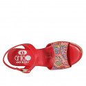Woman's strap sandal in red multicolored mosaic printed leather with platform and wedge heel 7 - Available sizes:  44