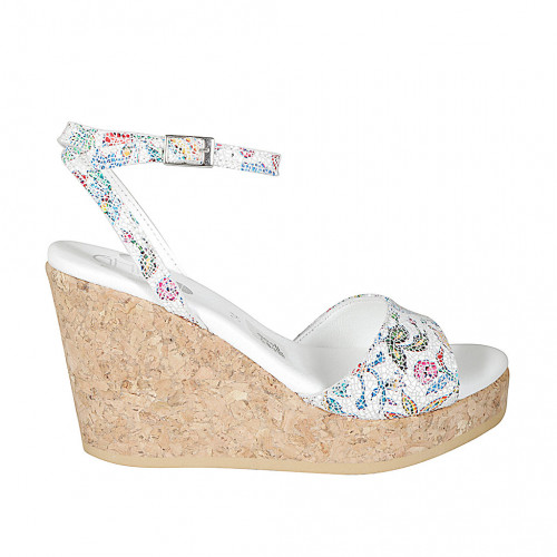 Woman's strap sandal in white multicolored mosaic printed leather with platform and wedge heel 9 - Available sizes:  42, 43, 44