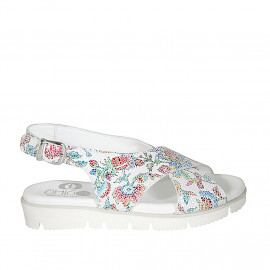 Woman's sandal in multicolored printed white leather wedge heel 3 - Available sizes: 32, 33, 42, 43, 44, 45