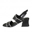 Woman's sandal in black leather with rhinestones heel 5 - Available sizes:  32, 33, 34, 42, 43, 44, 45