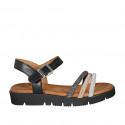 Woman's strap sandal in black leather with silver, copper and grey rhinestones wedge heel 3 - Available sizes:  32, 33, 43, 44