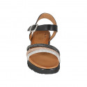 Woman's strap sandal in black leather with silver, copper and grey rhinestones wedge heel 3 - Available sizes:  32, 33, 43, 44
