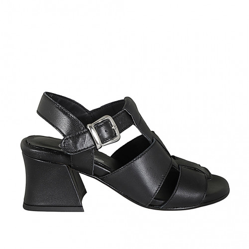 Woman's strap sandal in black leather heel 5 - Available sizes:  32, 33, 42, 44, 45