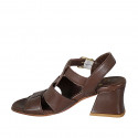 Woman's strap sandal in brown leather heel 5 - Available sizes:  32, 33, 34, 42, 43, 44, 45