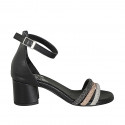 Zapato abierto para mujer con cinturon y estras plateado, cobrizo y gris en piel negra tacon 5 - Tallas disponibles:  32, 33, 34