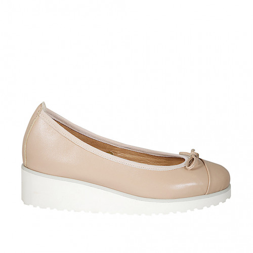 Ballerine pour femmes en cuir rose clair avec noeud et bout droit talon compensé 4 - Pointures disponibles:  32, 44