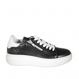 Woman's laced shoe with zipper and removable insole in black and white leather wedge heel 4 - Available sizes:  43, 44