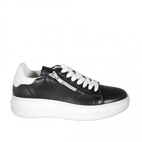 Woman's laced shoe with zipper and removable insole in black and white leather wedge heel 4 - Available sizes:  43, 44