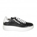 Woman's laced shoe with zipper and removable insole in black and white leather wedge heel 4 - Available sizes:  43, 44