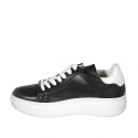 Woman's laced shoe with zipper and removable insole in black and white leather wedge heel 4 - Available sizes:  43, 44