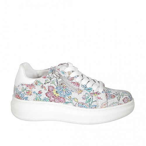 Woman's laced shoe in white and mosaic printed leather with removable insole and zipper wedge heel 4 - Available sizes:  32, 42, 44, 45
