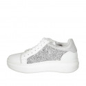 Woman's laced sneaker with removable insole in white and laminated silver leather and silver glitter wedge heel 4 - Available sizes:  42, 43, 45
