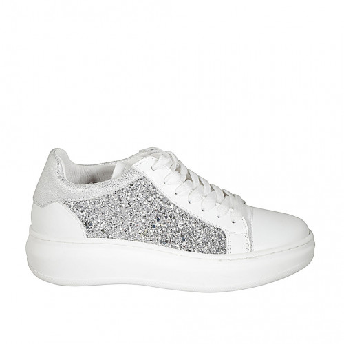 Woman's laced sneaker with removable insole in white and laminated silver leather and silver glitter wedge heel 4 - Available sizes:  42, 43, 45