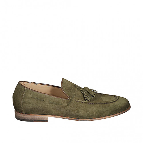 Men's loafer with tassels in green suede