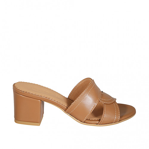 Woman's mules in cognac brown leather heel 5 - Available sizes:  32, 33, 42, 43, 44, 45
