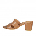 Woman's mules in cognac brown leather heel 5 - Available sizes:  32, 33, 42, 43, 44, 45