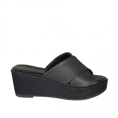 Woman's mules in black leather with platform and braided wedge heel 6 - Available sizes:  33, 42, 43, 44, 45
