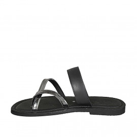 Woman's thong mules in black leather and silver patent leather heel 1 - Available sizes:  32 2