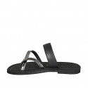 Woman's thong mules in black leather and silver patent leather heel 1 - Available sizes:  32, 33, 42, 43, 44, 45, 46