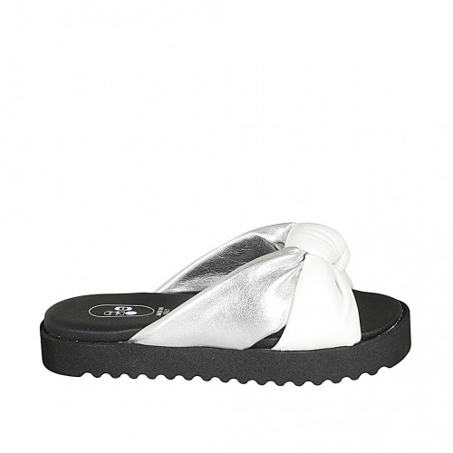 Woman's mule in white and silver laminated leather with knot and wedge heel 2 - Available sizes:  32, 33, 34, 42, 43, 45, 46