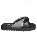 Woman's mule in black and silver laminated leather with knot and wedge heel 2 - Available sizes:  32, 33, 34, 42, 43, 44, 46