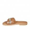 Woman's mules in cognac brown leather and golden patent leather heel 1 - Available sizes:  32, 33, 42, 43, 44, 46