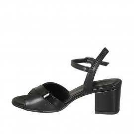 Woman's ankle strap sandal in black leather and patent leather heel 5 - Available sizes:  42 2