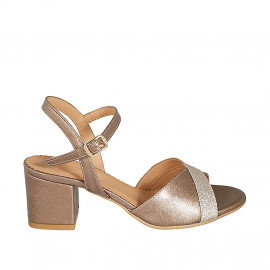 Woman's sandal in bronze laminated leather with strap and glitter heel 5 - Available sizes:  42, 46