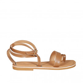 Woman's thong sandal with strap in cognac brown leather heel 1 - Available sizes: 32, 33