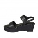 Woman's sandal in black leather with velcro strap wedge heel 6 - Available sizes:  31, 33, 34, 42, 43, 44, 45, 46