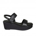 Woman's sandal in black leather with velcro strap wedge heel 6 - Available sizes:  31, 33, 34, 42, 43, 44, 45, 46