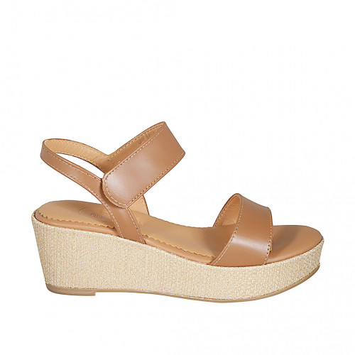 Woman's sandal in cognac brown leather with velcro strap wedge heel 6 - Available sizes:  31, 34, 42, 43, 44, 45, 46