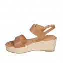 Woman's sandal in cognac brown leather with velcro strap wedge heel 6 - Available sizes:  31, 34, 42, 43, 44, 45, 46