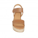 Woman's sandal in cognac brown leather with velcro strap wedge heel 6 - Available sizes:  31, 43, 44, 45, 46