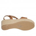 Woman's sandal in cognac brown leather with velcro strap wedge heel 6 - Available sizes:  31, 43, 44, 45, 46