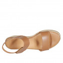 Woman's sandal in cognac brown leather with velcro strap wedge heel 6 - Available sizes:  31, 34, 42, 43, 44, 45, 46