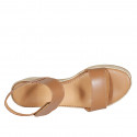Woman's sandal in cognac brown leather with velcro strap wedge heel 6 - Available sizes:  31, 43, 44, 45, 46