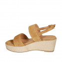 Woman's sandal with platform in cognac brown suede wedge heel 6 - Available sizes:  31, 33, 34, 42, 43, 44, 45, 46